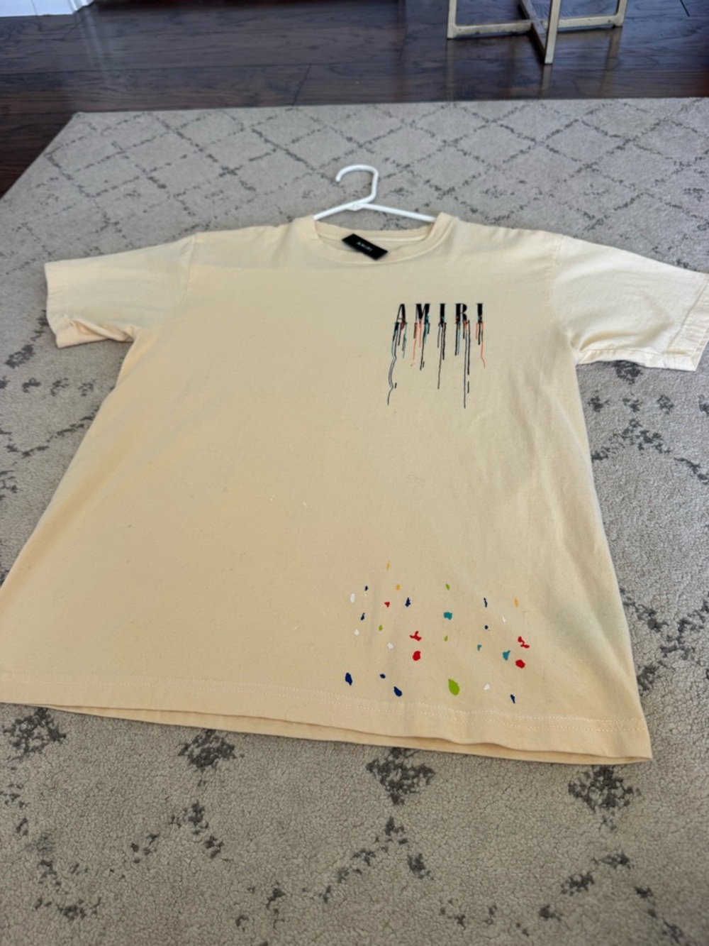 AMIRI Yellow Tee with Black Drip Logo and Multicolor Paint Flecks Small NWT